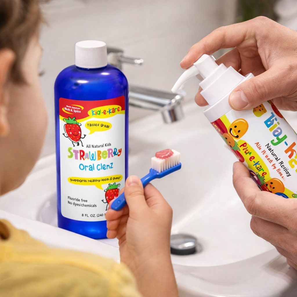 Kid-e-Kare Fruity Fun toothpaste being dispensed onto a child’s blue toothbrush by a parent, with Kid-e-Kare Strawberry Oral Clenz on the bathroom sink beside them.